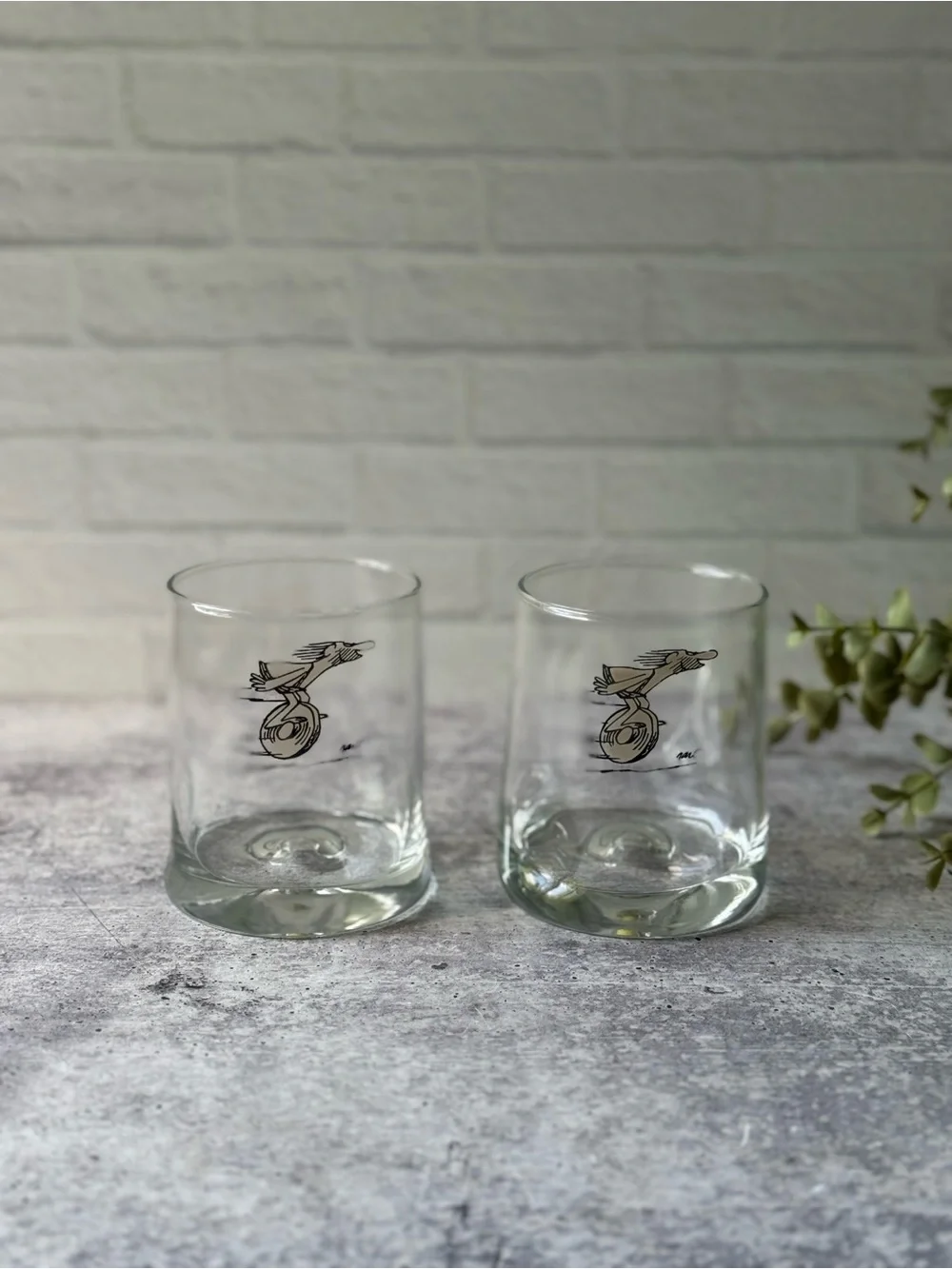2 Vintage BC Comic Caveman on Wheel Dimpled Tumbler Glasses by Johnny Hart 70s